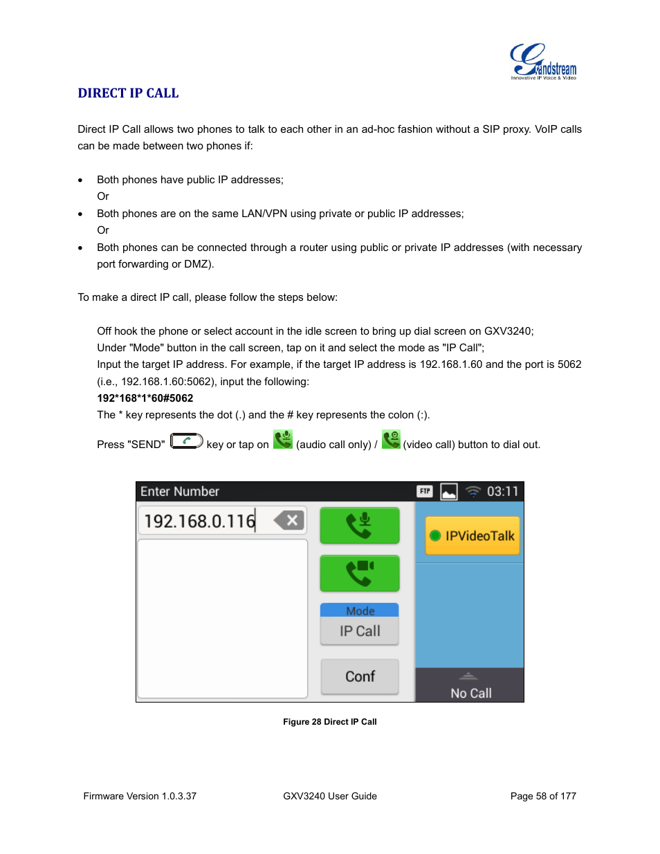 Direct ip call, Figure 28 direct ip call | Grandstream GXV3240 User Guide User Manual | Page 60 / 179