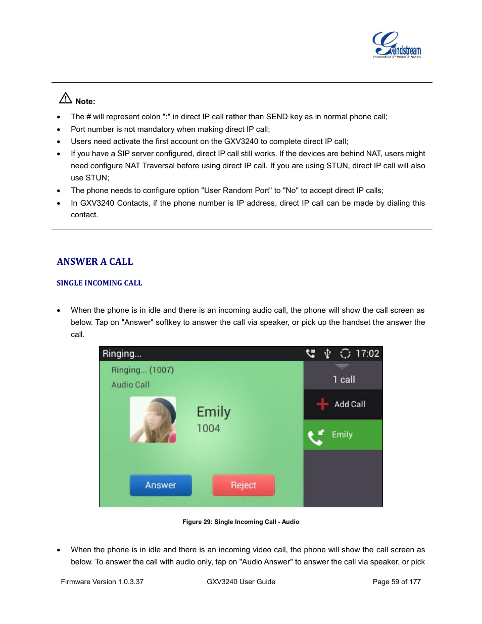 Answer a call, Single incoming call, Figure 29: single incoming call - audio | Grandstream GXV3240 User Guide User Manual | Page 61 / 179