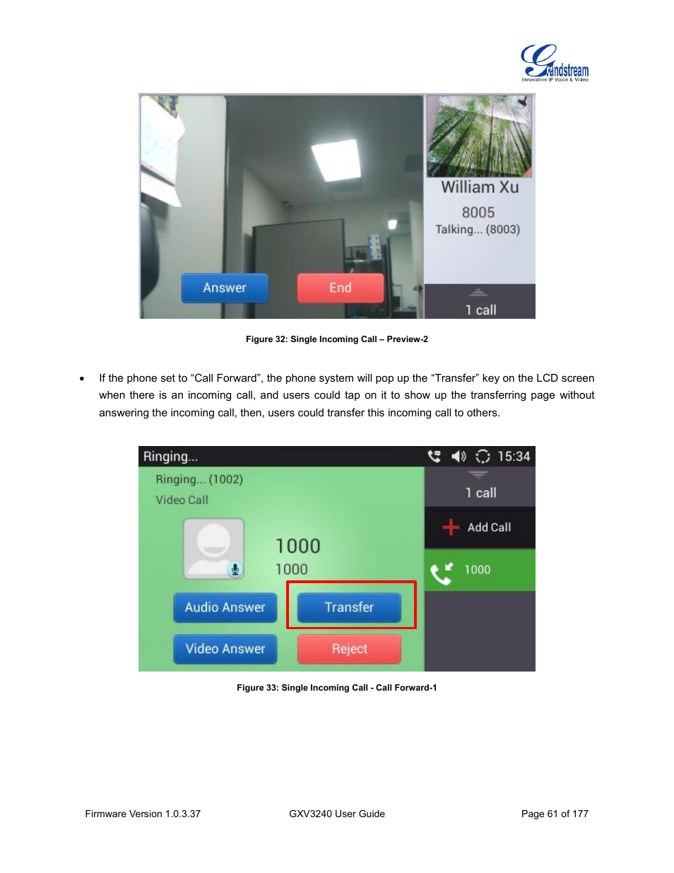 Figure 32: single incoming call – preview-2, Figure 33: single incoming call - call forward-1 | Grandstream GXV3240 User Guide User Manual | Page 63 / 179