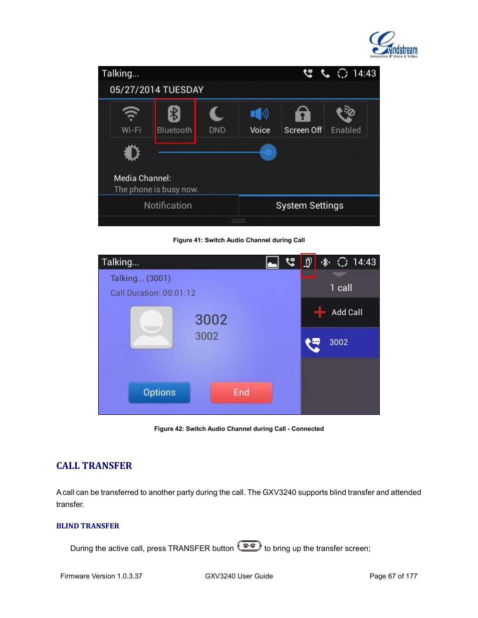 Call transfer, Blind transfer, Figure 41: switch audio channel during call | Grandstream GXV3240 User Guide User Manual | Page 69 / 179