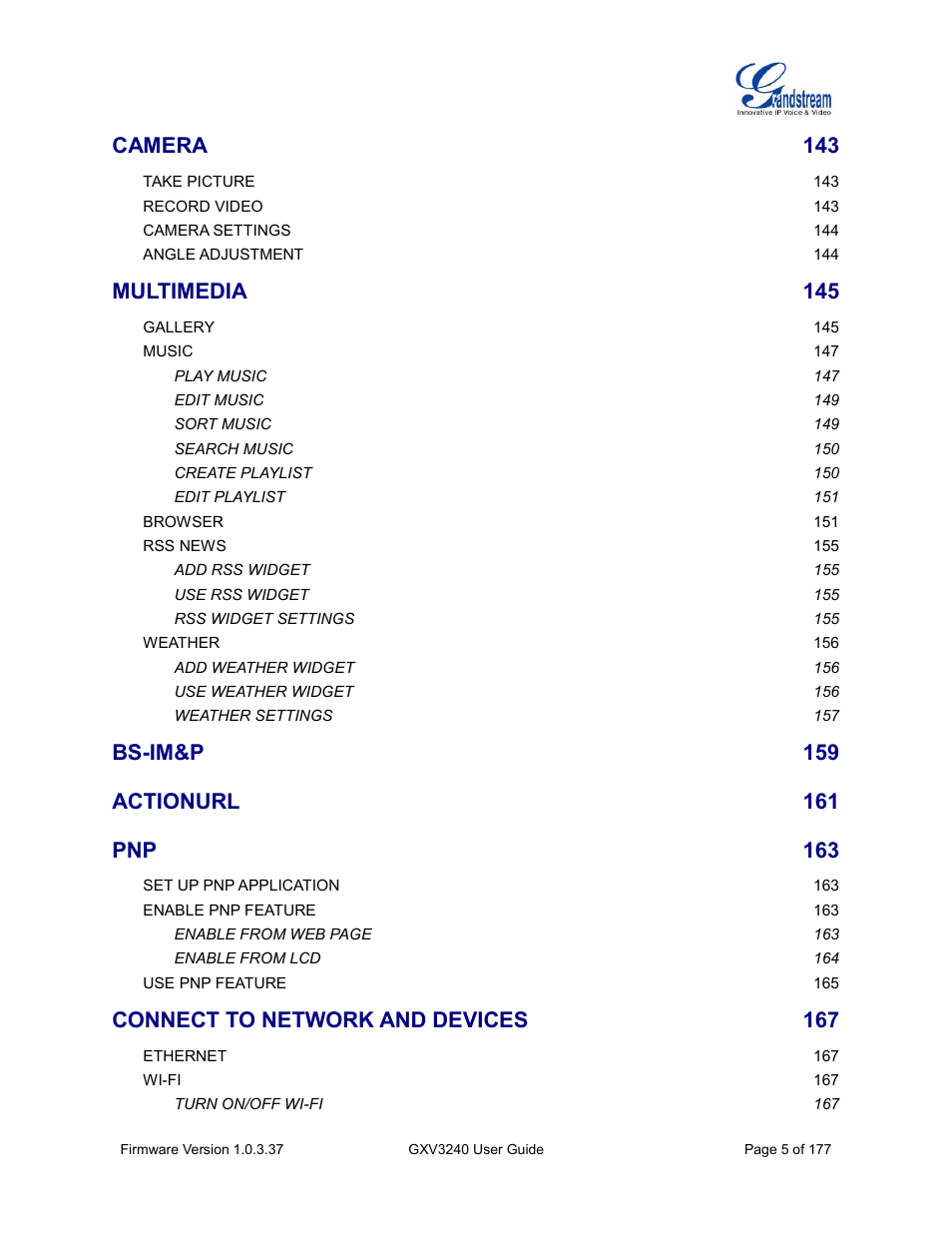 Camera, Multimedia, Bs-im&p | Actionurl, Connect to network and devices | Grandstream GXV3240 User Guide User Manual | Page 7 / 179