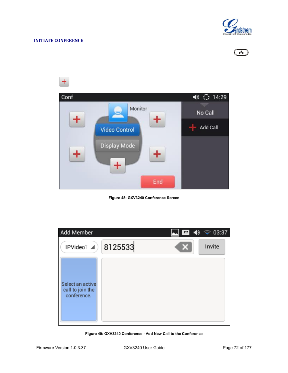 Initiate conference, Figure 48: gxv3240 conference screen | Grandstream GXV3240 User Guide User Manual | Page 74 / 179