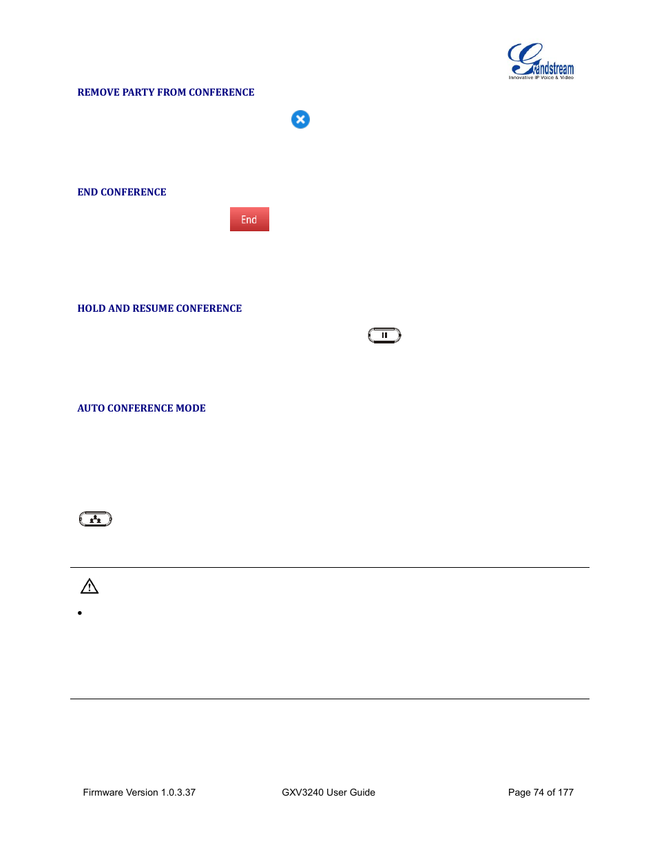 Remove party from conference, End conference, Hold and resume conference | Auto conference mode | Grandstream GXV3240 User Guide User Manual | Page 76 / 179