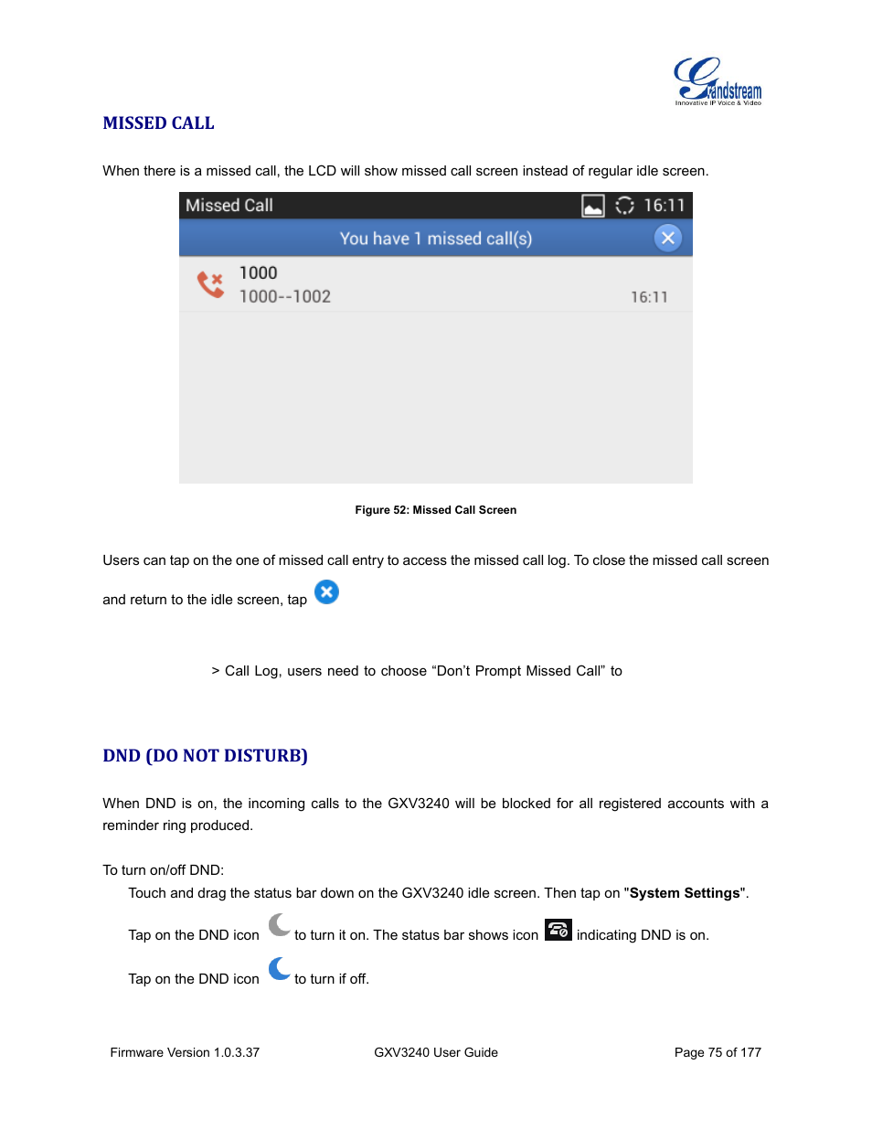Missed call, Dnd (do not disturb), Figure 52: missed call screen | Grandstream GXV3240 User Guide User Manual | Page 77 / 179