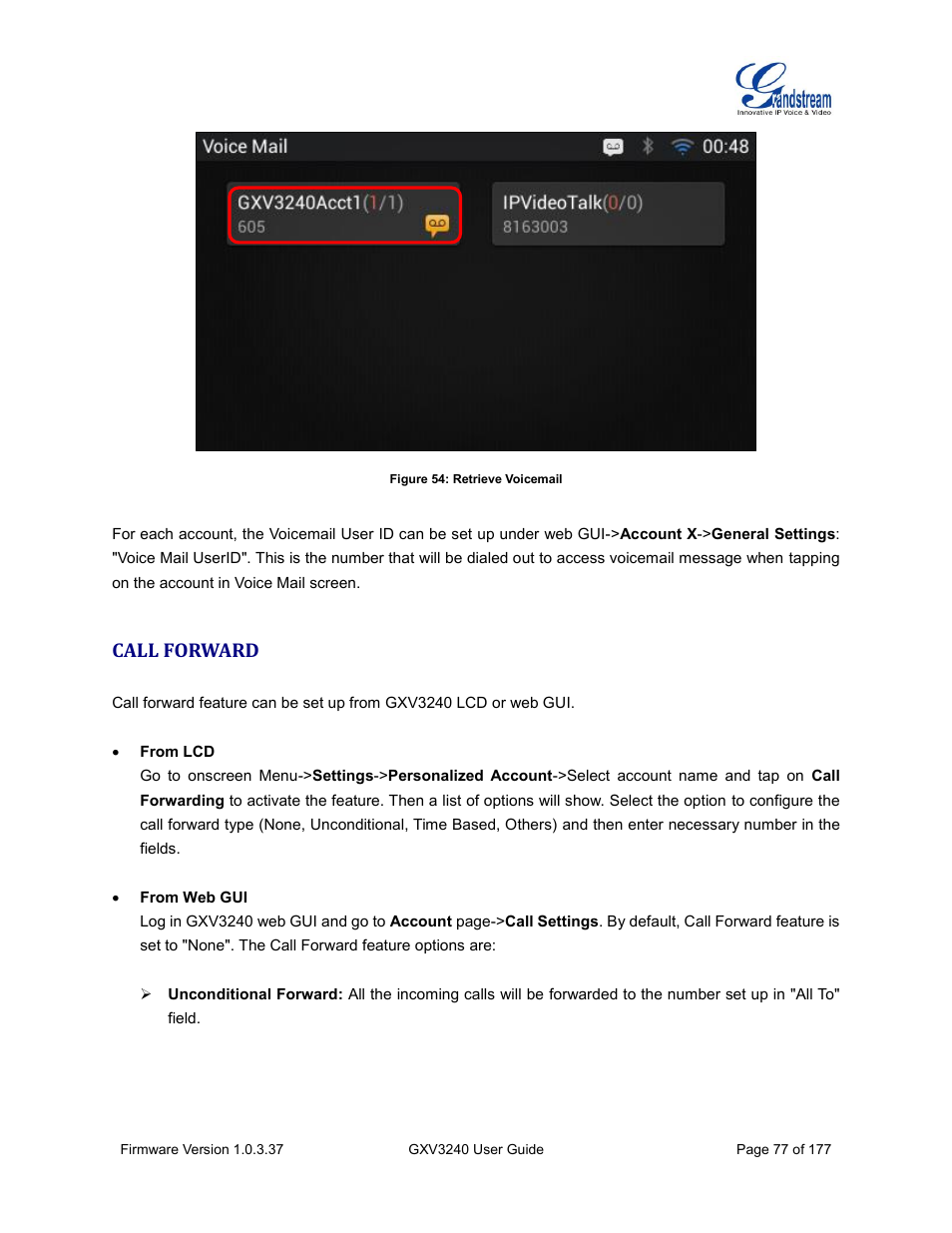 Call forward, Figure 54: retrieve voicemail | Grandstream GXV3240 User Guide User Manual | Page 79 / 179
