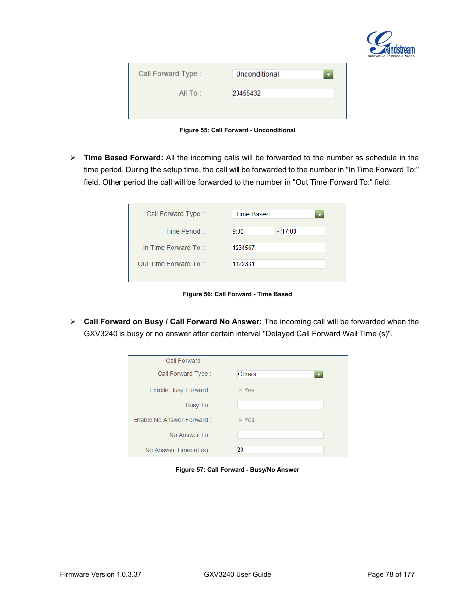 Figure 55: call forward - unconditional, Figure 56: call forward - time based, Figure 57: call forward - busy/no answer | Grandstream GXV3240 User Guide User Manual | Page 80 / 179