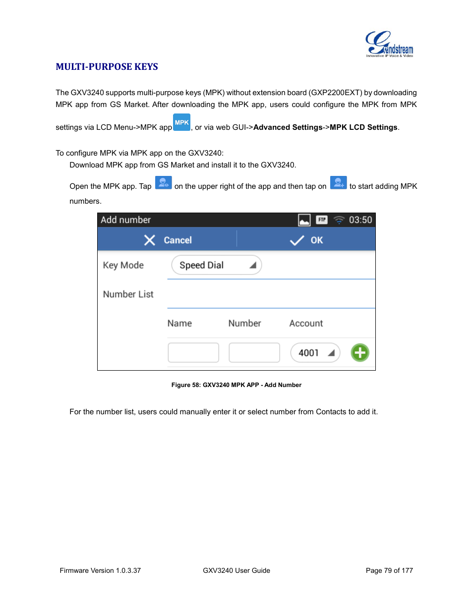 Multi-purpose keys, Figure 58: gxv3240 mpk app - add number | Grandstream GXV3240 User Guide User Manual | Page 81 / 179