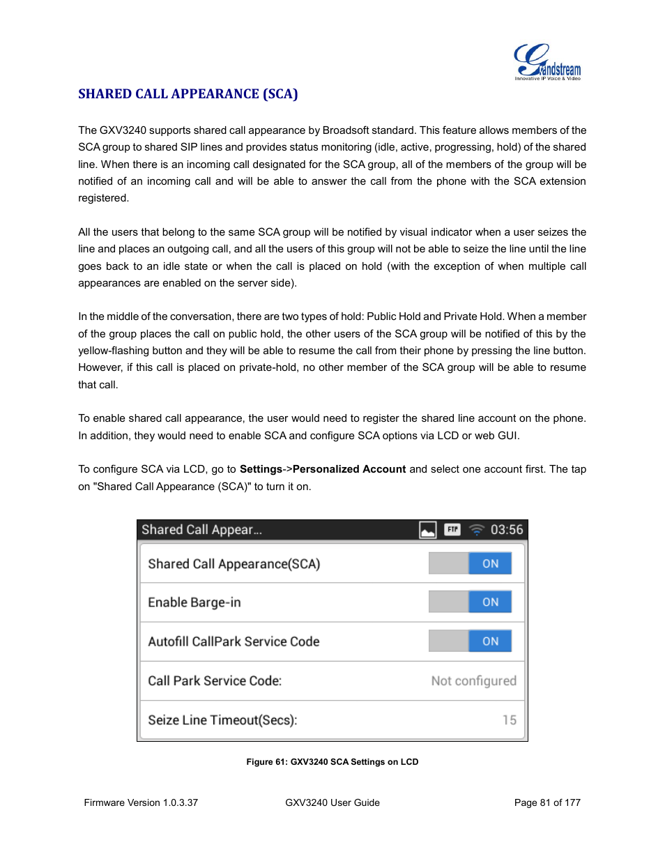 Shared call appearance (sca), Figure 61: gxv3240 sca settings on lcd | Grandstream GXV3240 User Guide User Manual | Page 83 / 179