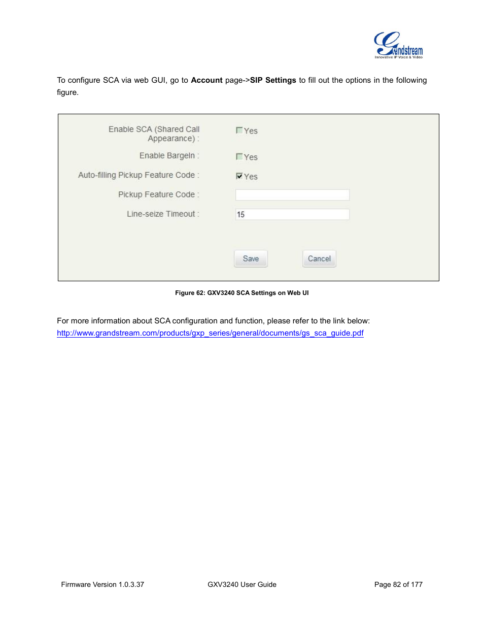 Figure 62: gxv3240 sca settings on web ui | Grandstream GXV3240 User Guide User Manual | Page 84 / 179