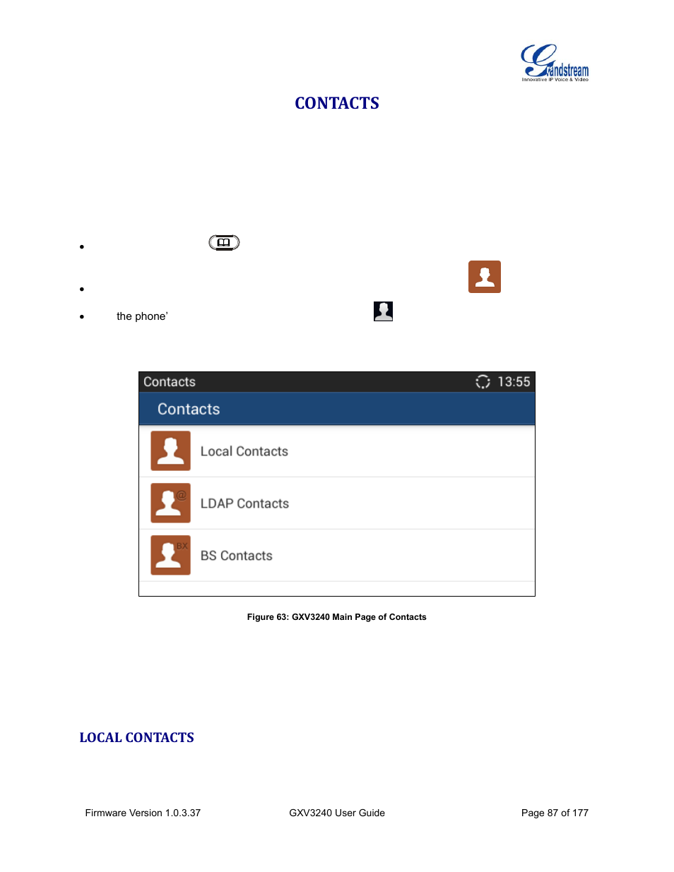 Contacts, Local contacts | Grandstream GXV3240 User Guide User Manual | Page 89 / 179