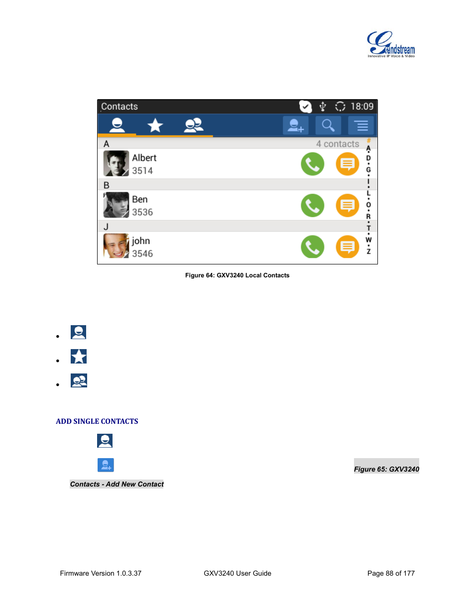 Add single contacts, Figure 64: gxv3240 local contacts | Grandstream GXV3240 User Guide User Manual | Page 90 / 179