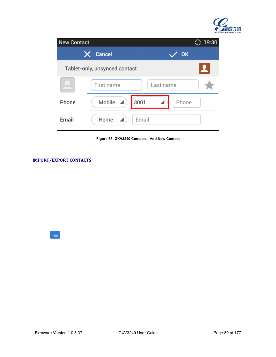 Import/export contacts, Figure 65: gxv3240 contacts - add new contact, Figure 65: gxv3240 | Contacts - add new contact | Grandstream GXV3240 User Guide User Manual | Page 91 / 179