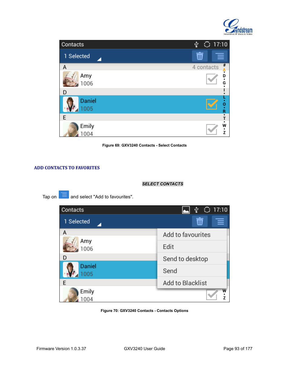 Add contacts to favorites, Figure 69: gxv3240 contacts - select contacts, Figure 70: gxv3240 contacts - contacts options | Grandstream GXV3240 User Guide User Manual | Page 95 / 179