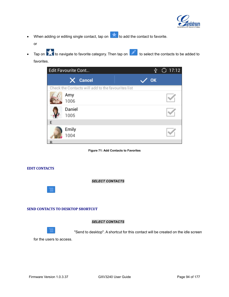 Edit contacts, Send contacts to desktop shortcut, Figure 71: add contacts to favorites | Grandstream GXV3240 User Guide User Manual | Page 96 / 179