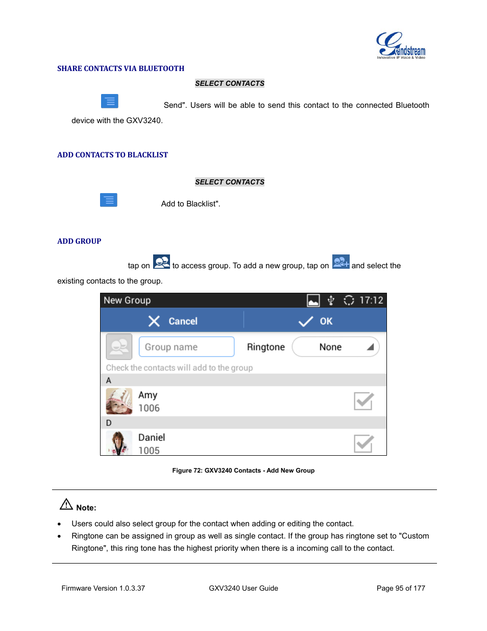 Share contacts via bluetooth, Add contacts to blacklist, Add group | Figure 72: gxv3240 contacts - add new group | Grandstream GXV3240 User Guide User Manual | Page 97 / 179