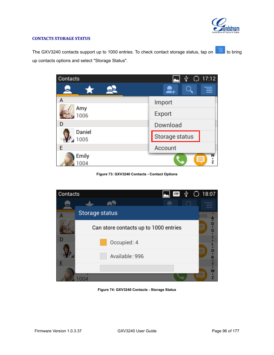 Contacts storage status, Figure 73: gxv3240 contacts - contact options, Figure 74: gxv3240 contacts - storage status | Grandstream GXV3240 User Guide User Manual | Page 98 / 179