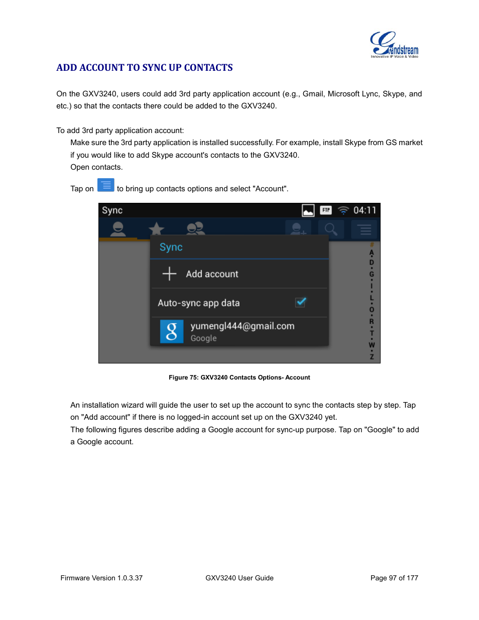Add account to sync up contacts, Figure 75: gxv3240 contacts options- account | Grandstream GXV3240 User Guide User Manual | Page 99 / 179