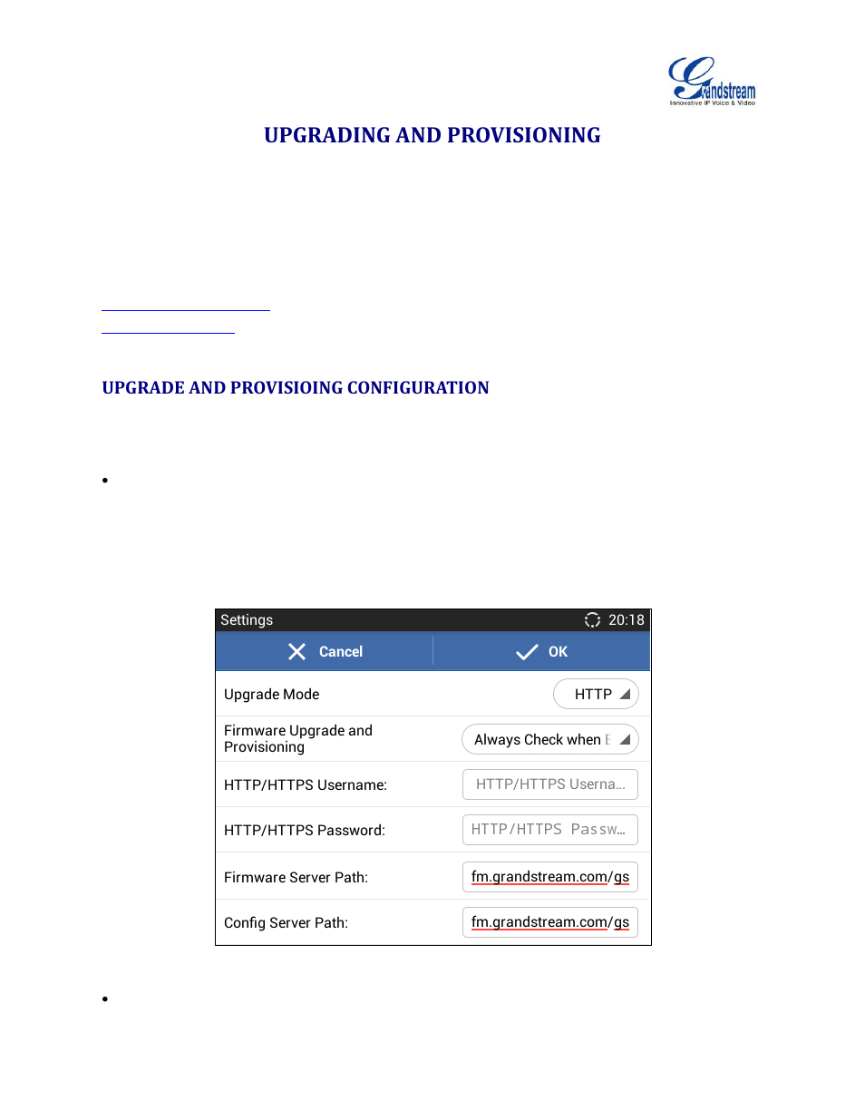 Upgrading and provisioning, Upgrade and provisioing configuration, Figure 15: gxv3240 upgrade configuration via lcd | Grandstream GXV3240 Administration Guide User Manual | Page 105 / 119