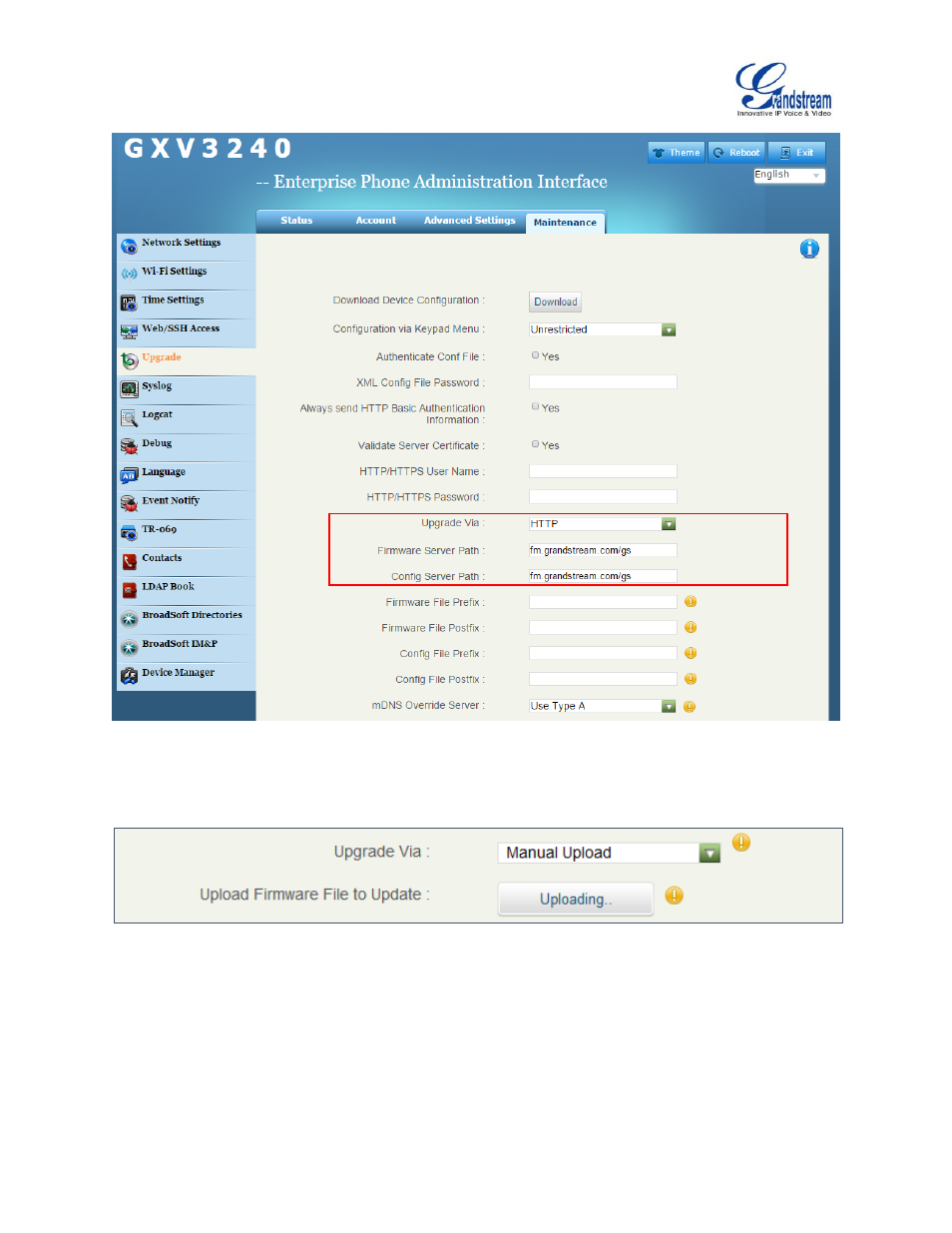 Figure 17: upload gxv3240 firmware via web gui, Figure 18: gxv3240 firmware uploading | Grandstream GXV3240 Administration Guide User Manual | Page 108 / 119