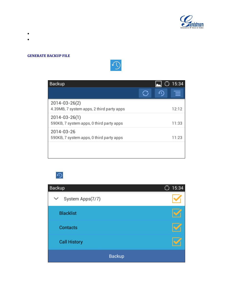 Generate backup file, Figure 19: gxv3240 backup, Figure 20: select backup applications | Grandstream GXV3240 Administration Guide User Manual | Page 111 / 119