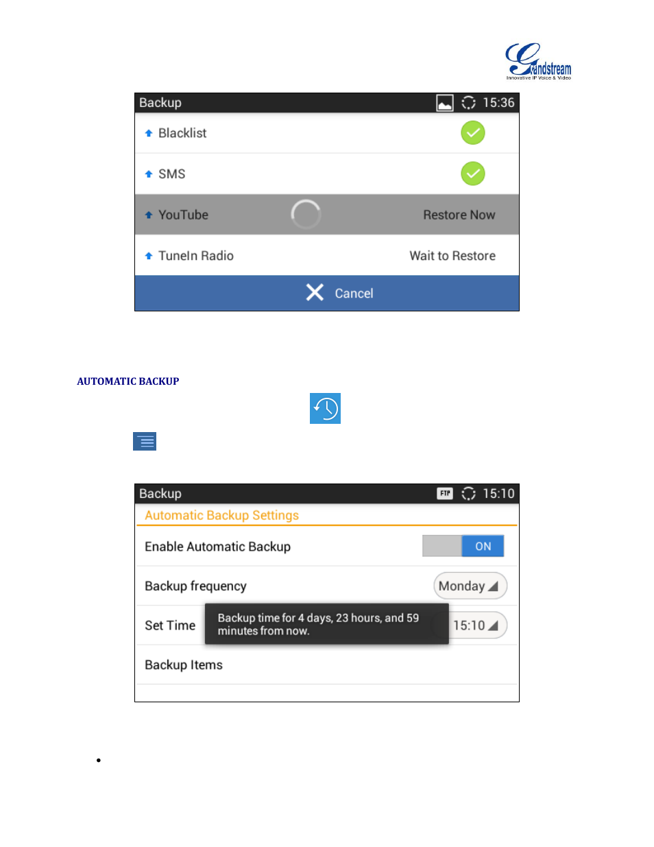 Automatic backup, Figure 22: restore process, Figure 23: automatic backup settings | Grandstream GXV3240 Administration Guide User Manual | Page 113 / 119
