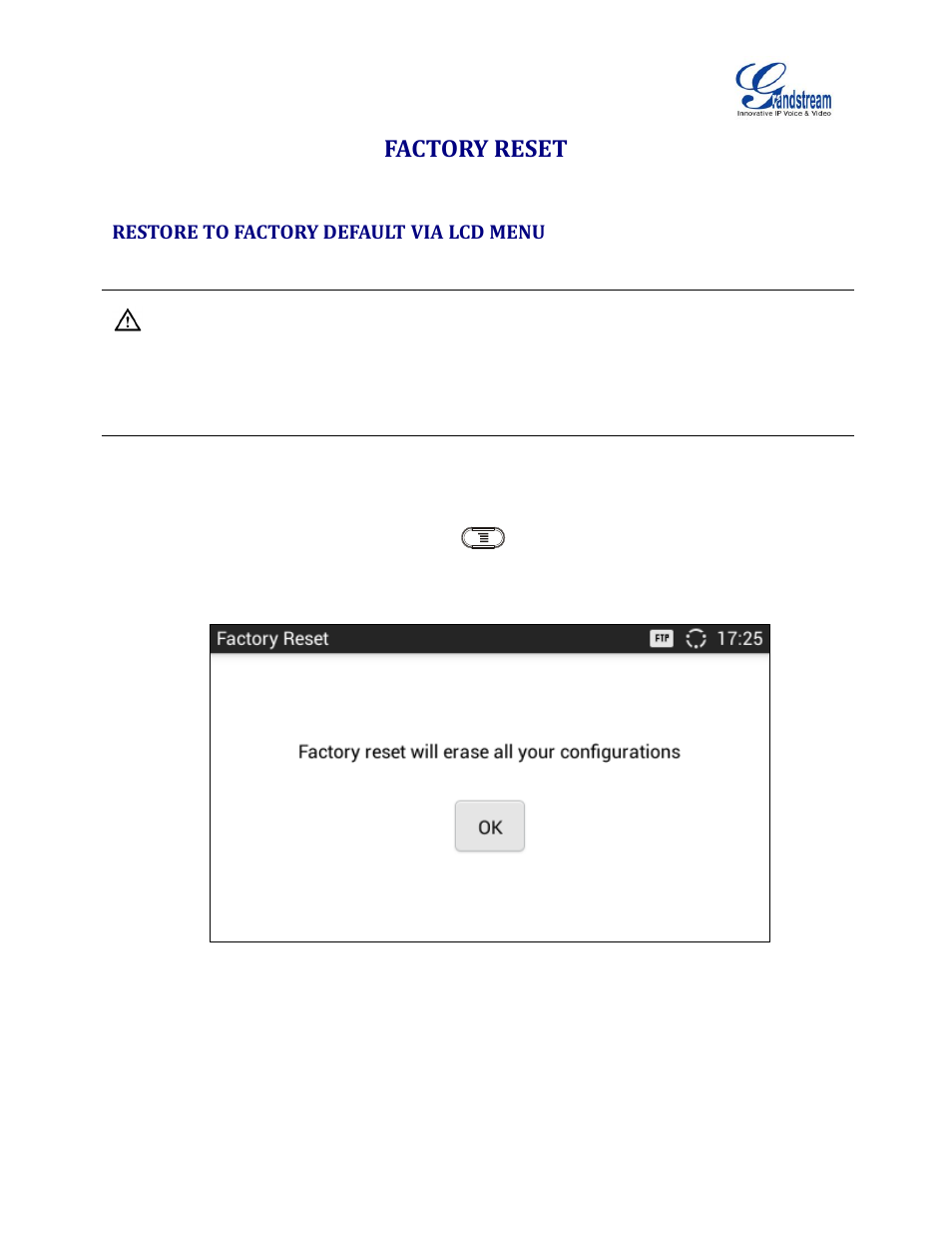Factory reset, Restore to factory default via lcd menu, Figure 24: gxv3240 lcd - factory reset | Grandstream GXV3240 Administration Guide User Manual | Page 115 / 119