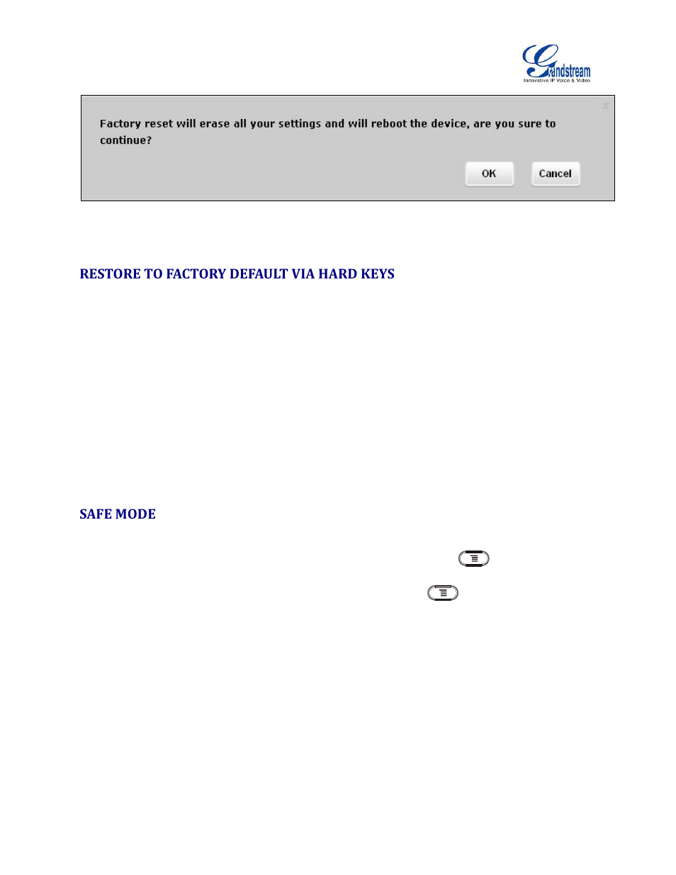 Restore to factory default via hard keys, Safe mode, Figure 27: gxv3240 web gui - confirm factory reset | Grandstream GXV3240 Administration Guide User Manual | Page 117 / 119