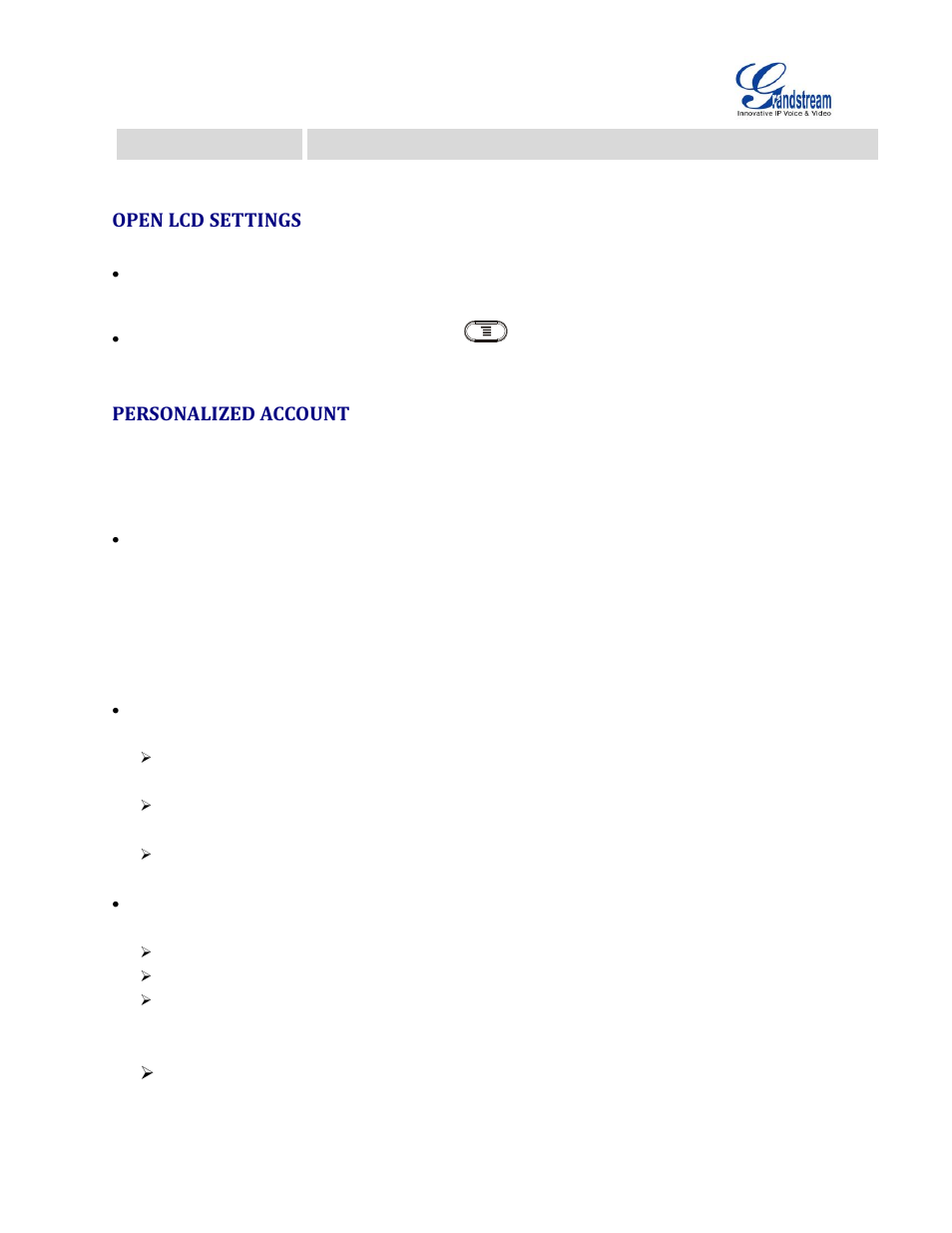 Open lcd settings, Personalized account | Grandstream GXV3240 Administration Guide User Manual | Page 23 / 119