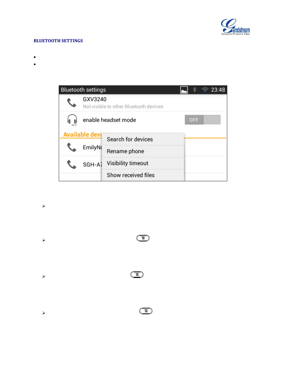 Bluetooth settings, Figure 1: gxv3240 bluetooth settings | Grandstream GXV3240 Administration Guide User Manual | Page 27 / 119
