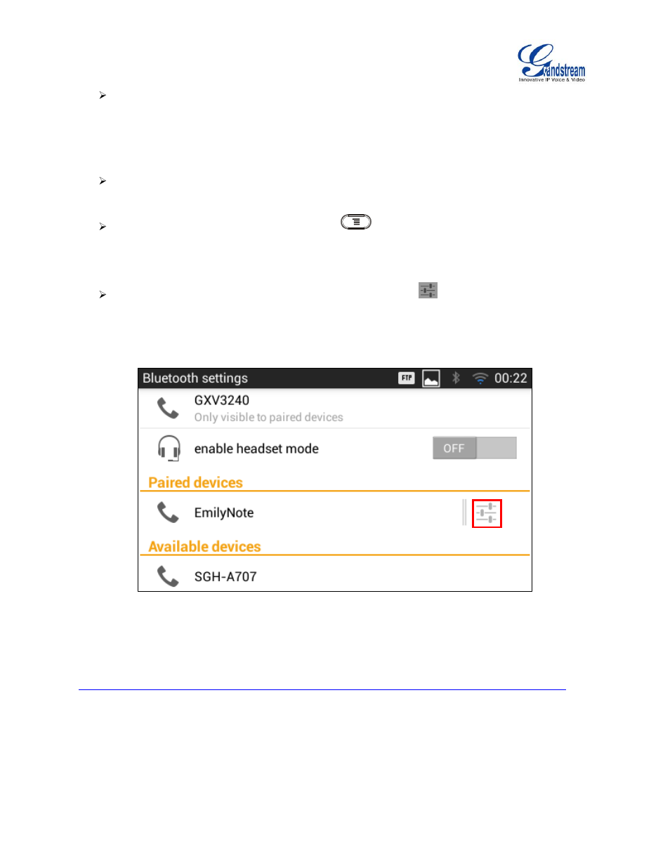 Figure 2: gxv3240 bluetooth paired device settings | Grandstream GXV3240 Administration Guide User Manual | Page 28 / 119