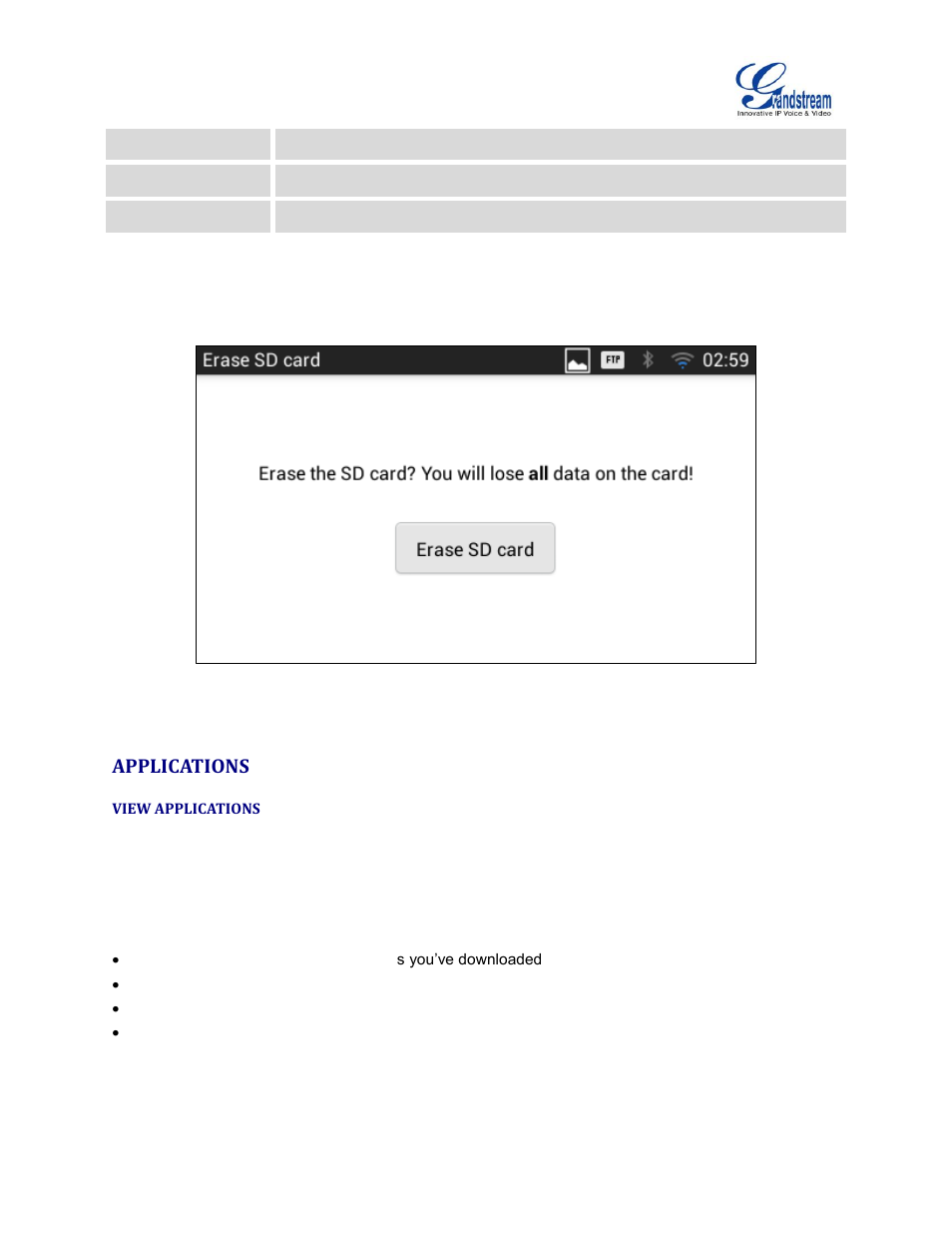 Applications, View applications, Figure 5: erase sd card | Grandstream GXV3240 Administration Guide User Manual | Page 33 / 119