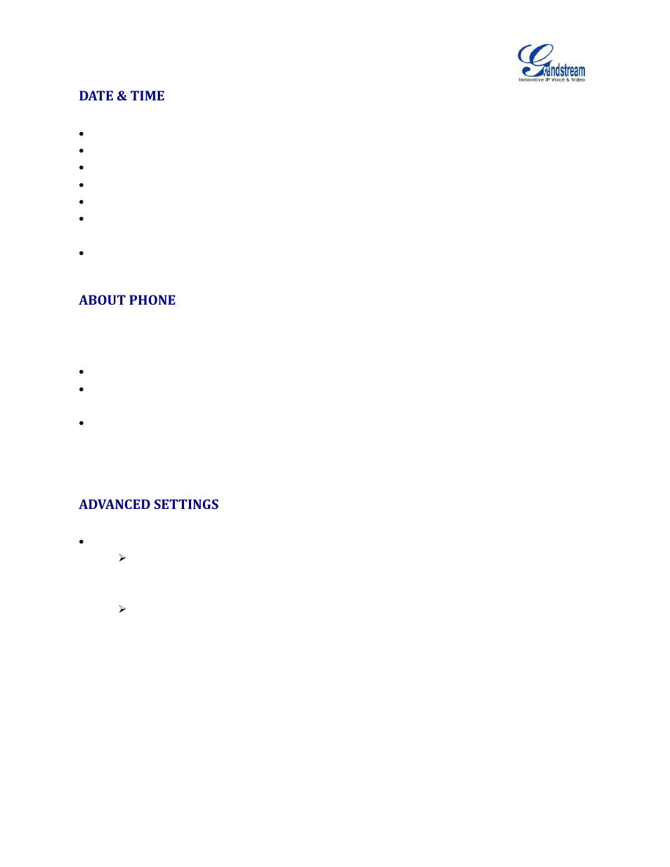 Date & time, About phone, Advanced settings | Grandstream GXV3240 Administration Guide User Manual | Page 39 / 119