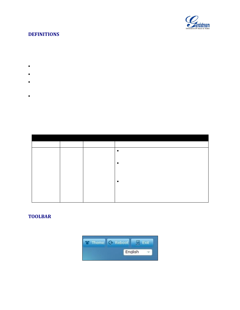 Definitions, Toolbar, Table 4: gxv3240 web access | Figure 14: gxv3240 web ui tool bar | Grandstream GXV3240 Administration Guide User Manual | Page 45 / 119