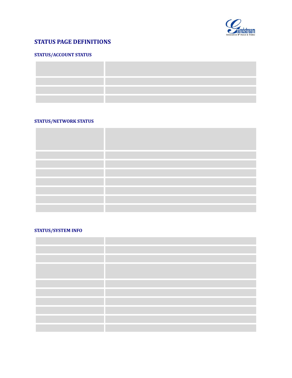 Status/account status, Status/network status, Status/system info | Status page definitions | Grandstream GXV3240 Administration Guide User Manual | Page 47 / 119