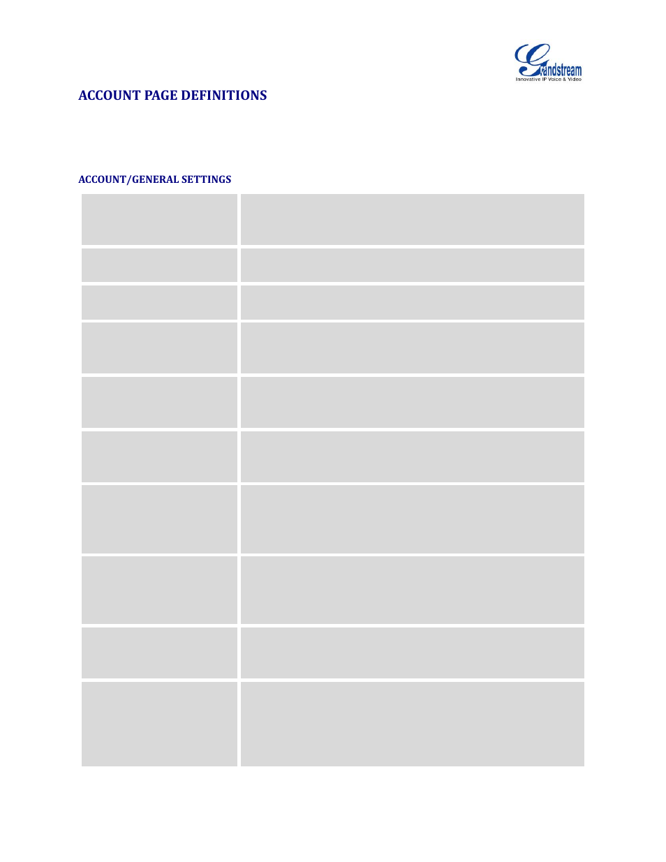 Account/general settings, Account page definitions | Grandstream GXV3240 Administration Guide User Manual | Page 49 / 119
