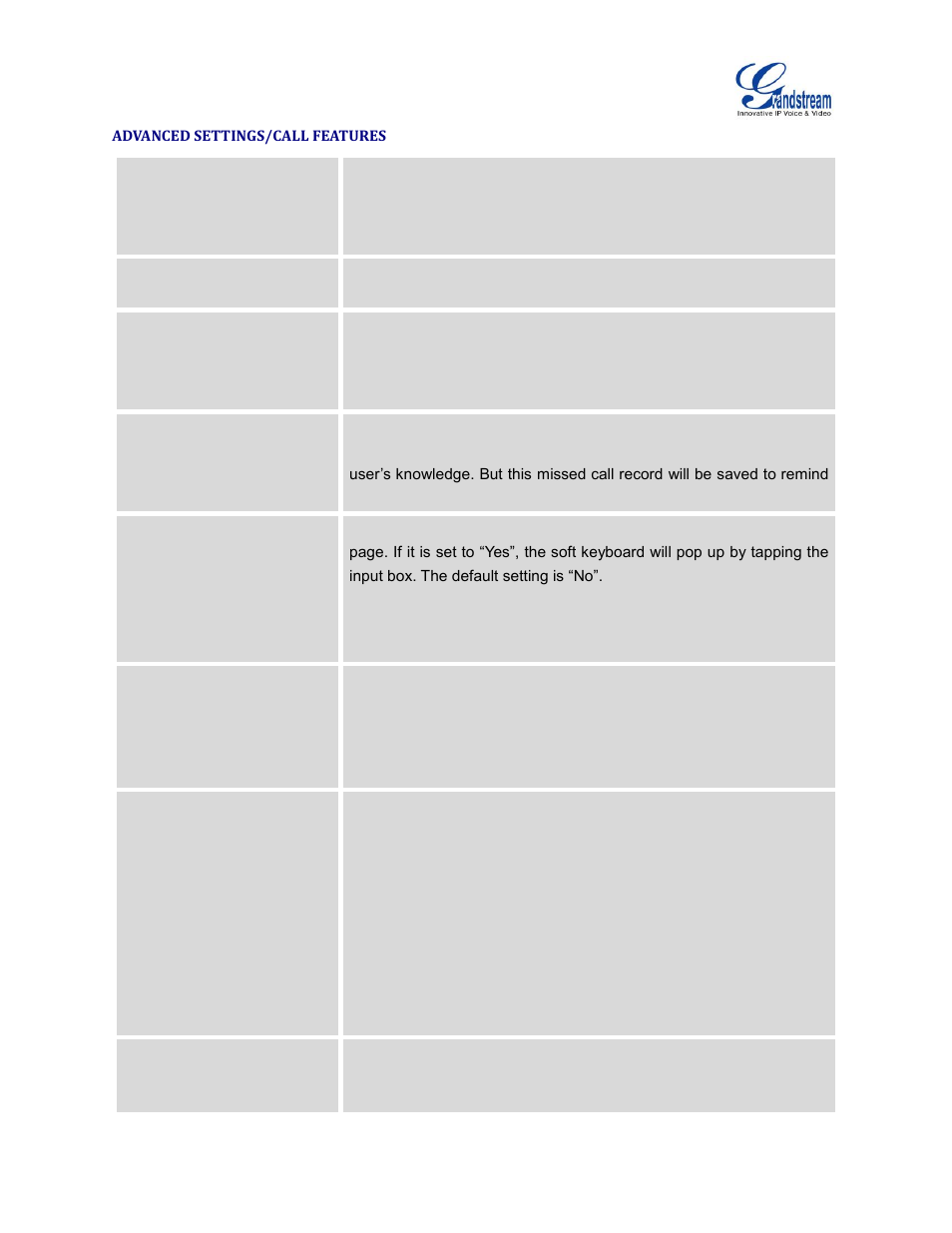 Advanced settings/call features, Advanced, Settings/call features | Grandstream GXV3240 Administration Guide User Manual | Page 73 / 119