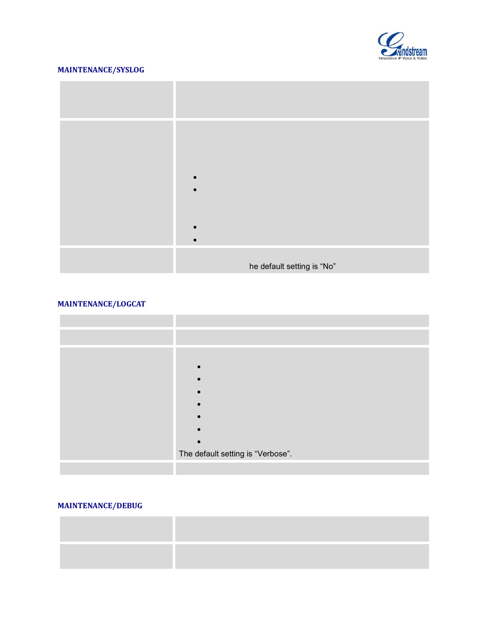 Maintenance/syslog, Maintenance/logcat, Maintenance/debug | Grandstream GXV3240 Administration Guide User Manual | Page 91 / 119