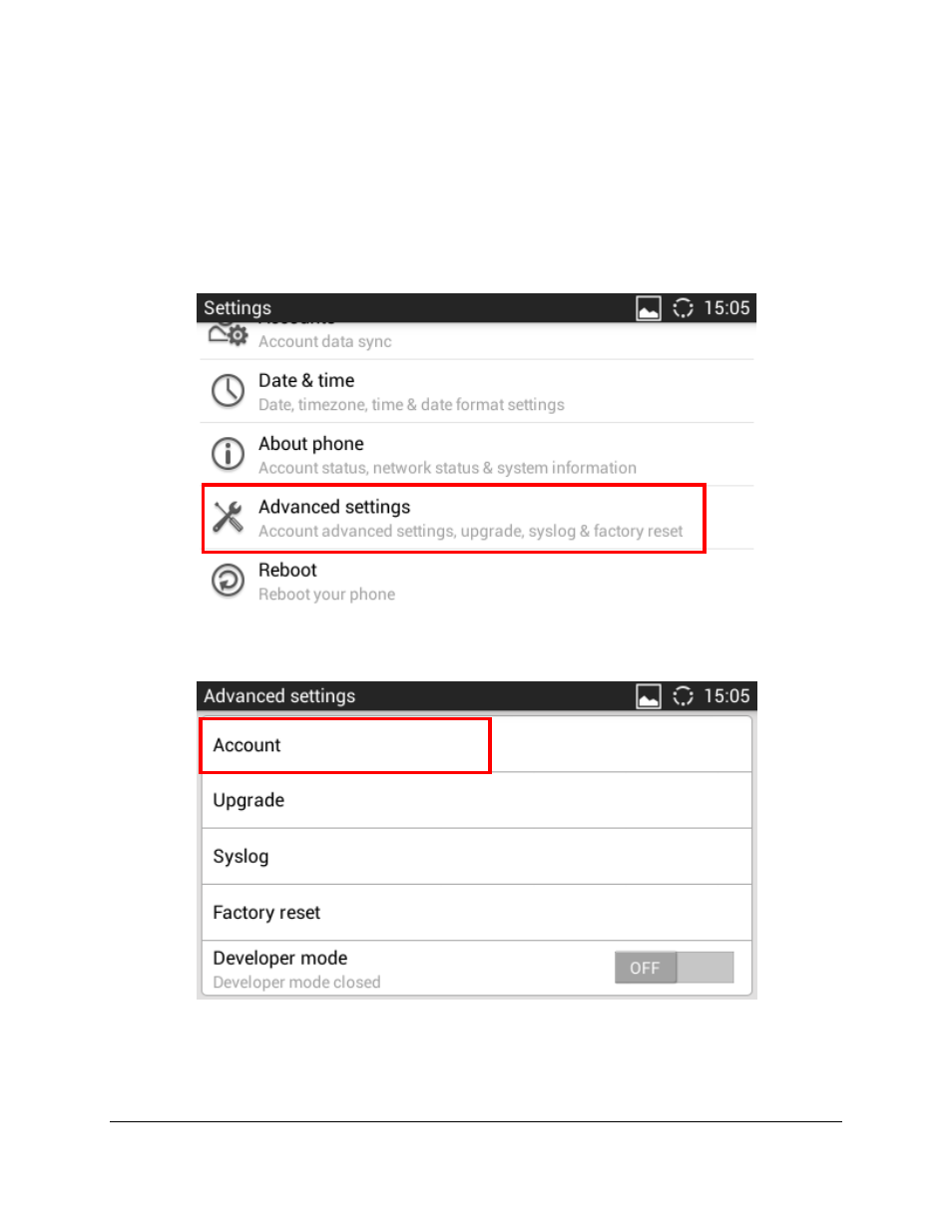 Figure 14: advanced settings, Figure 15: account settings | Grandstream GXV3240 Microsoft Lync Setup Guide User Manual | Page 13 / 15