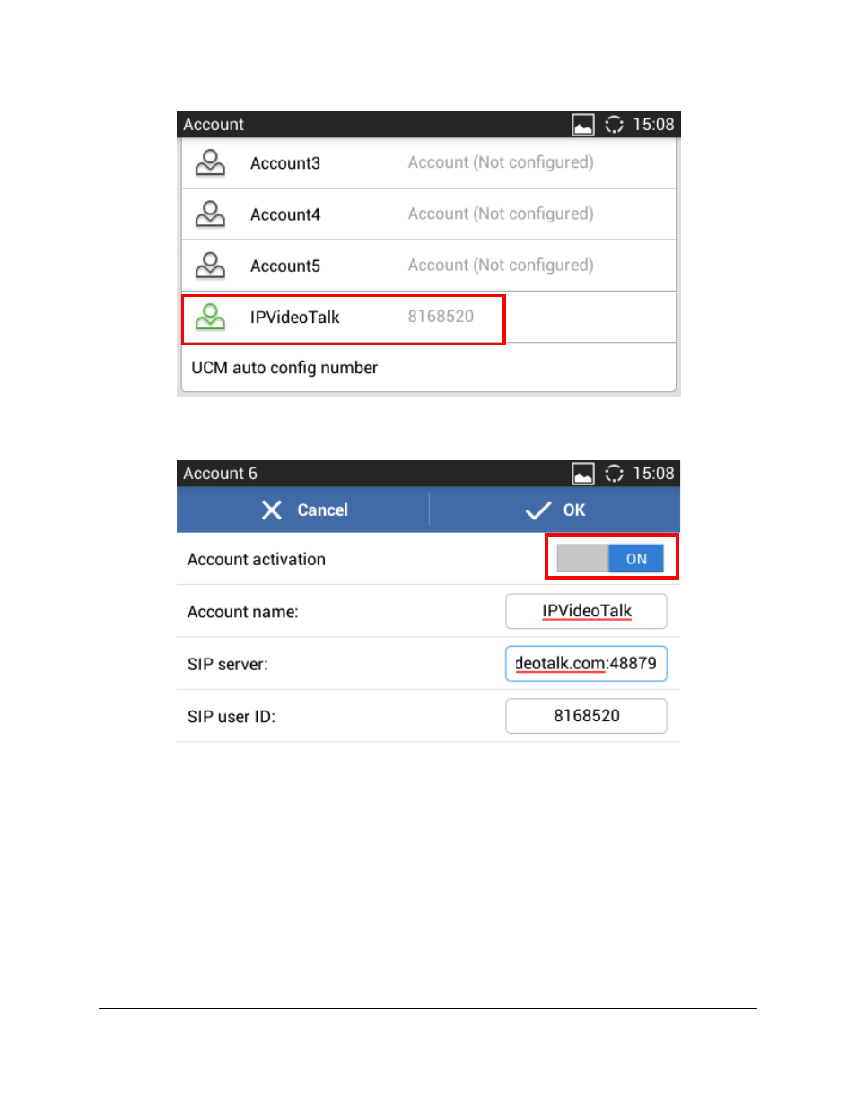 Figure 16: select ipvideotalk account, Figure 17: account activation on | Grandstream GXV3240 Microsoft Lync Setup Guide User Manual | Page 14 / 15