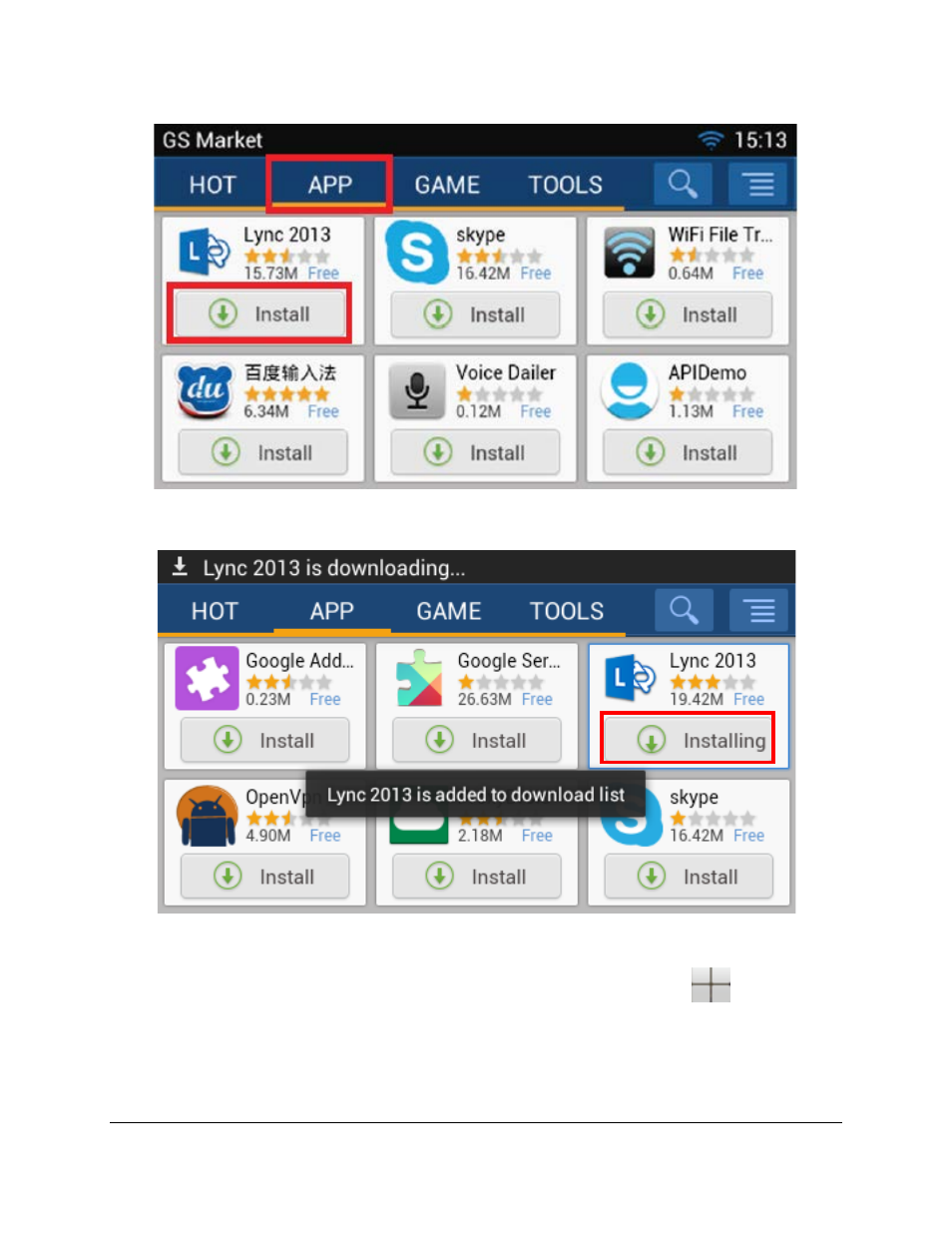 Figure 2: install lync via gs market, Figure 3: installing lync application | Grandstream GXV3240 Microsoft Lync Setup Guide User Manual | Page 6 / 15