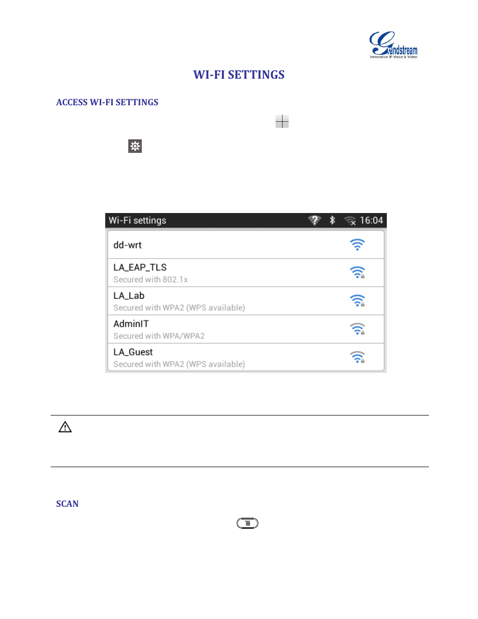 Wi-fi settings, Access wi-fi settings, Scan | Figure 7: gxv3240 available wi-fi network list | Grandstream GXV3240 Wi-Fi Guide User Manual | Page 10 / 19