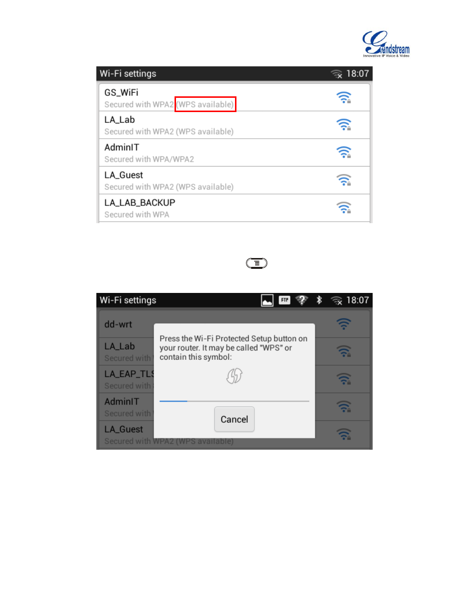Figure 10: gxv3240 wps available network, Figure 11: gxv3240 wi-fi wps push button | Grandstream GXV3240 Wi-Fi Guide User Manual | Page 13 / 19