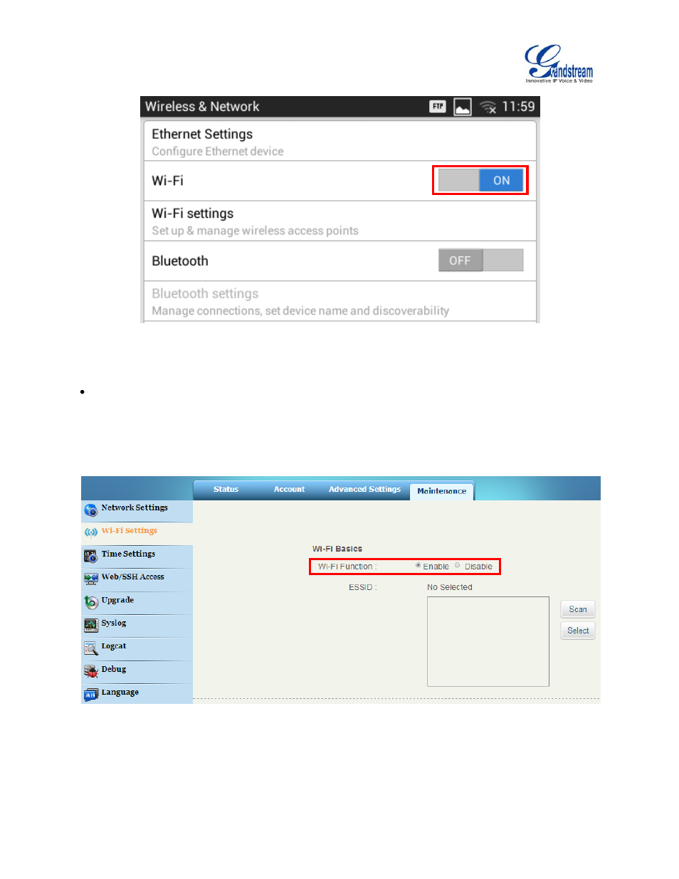 Figure 2: turn on/off wi-fi from settings, Figure 3: turn on/off wi-fi from web ui | Grandstream GXV3240 Wi-Fi Guide User Manual | Page 6 / 19