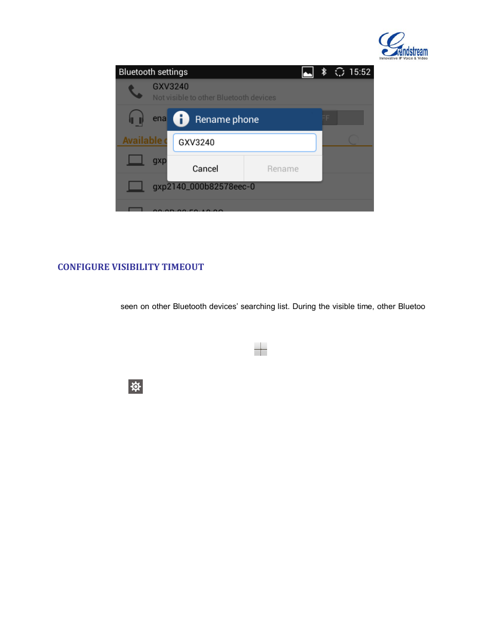 Configure visibility timeout, Figure 8: enter new name for bluetooth device | Grandstream GXV3240 Bluetooth Guide User Manual | Page 10 / 15