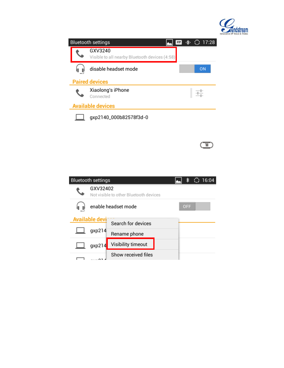 Figure 10: visibility timeout option | Grandstream GXV3240 Bluetooth Guide User Manual | Page 11 / 15