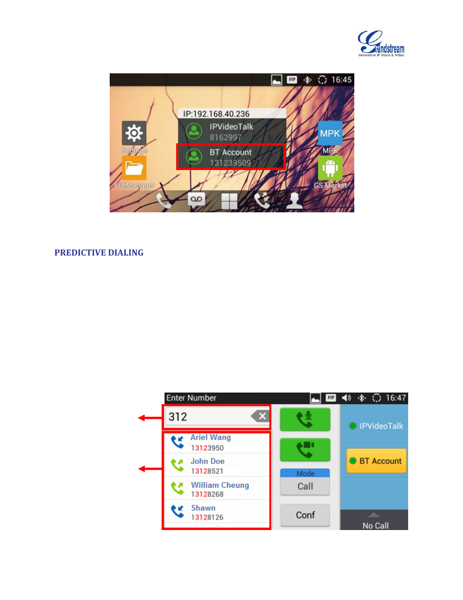 Predictive dialing, Figure 13: bt account displayed in account widget, Figure 14: predictive dialing list | Grandstream GXV3240 Bluetooth Guide User Manual | Page 14 / 15