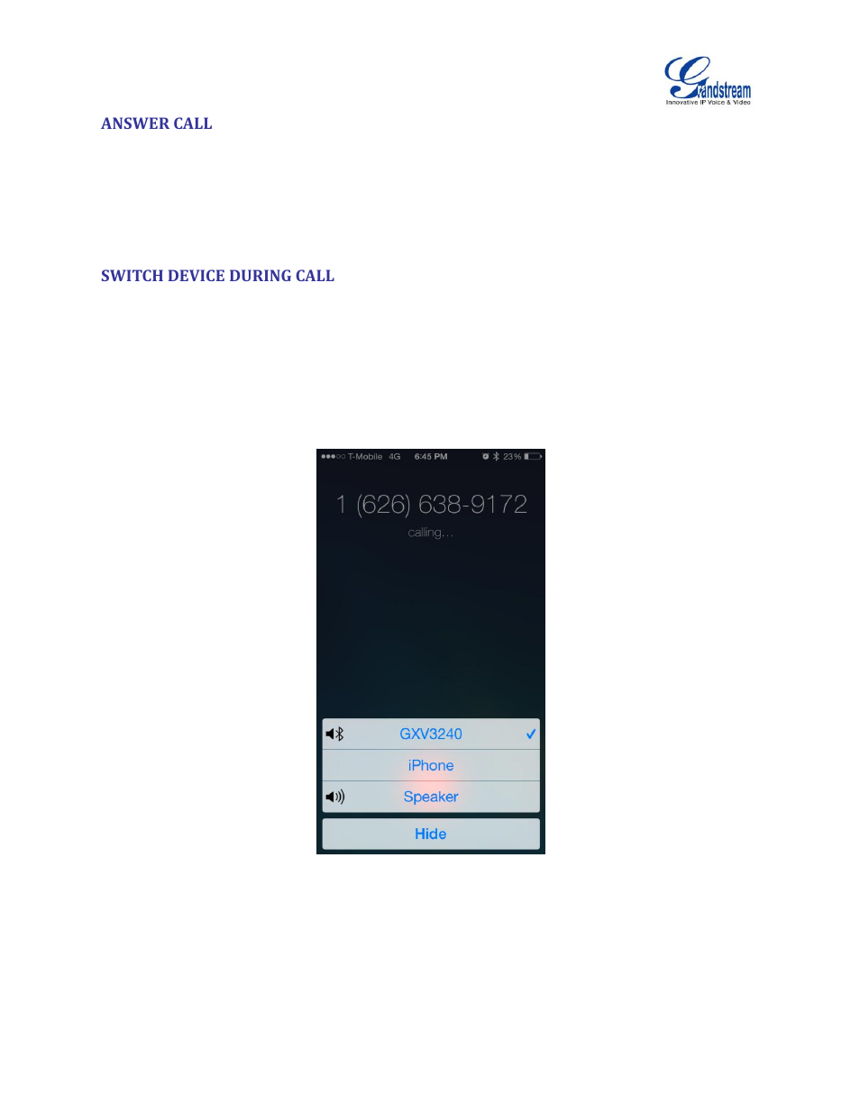 Answer call, Switch device during call, Figure 14: select audio channel | Grandstream GXV3240 Bluetooth Guide User Manual | Page 15 / 15