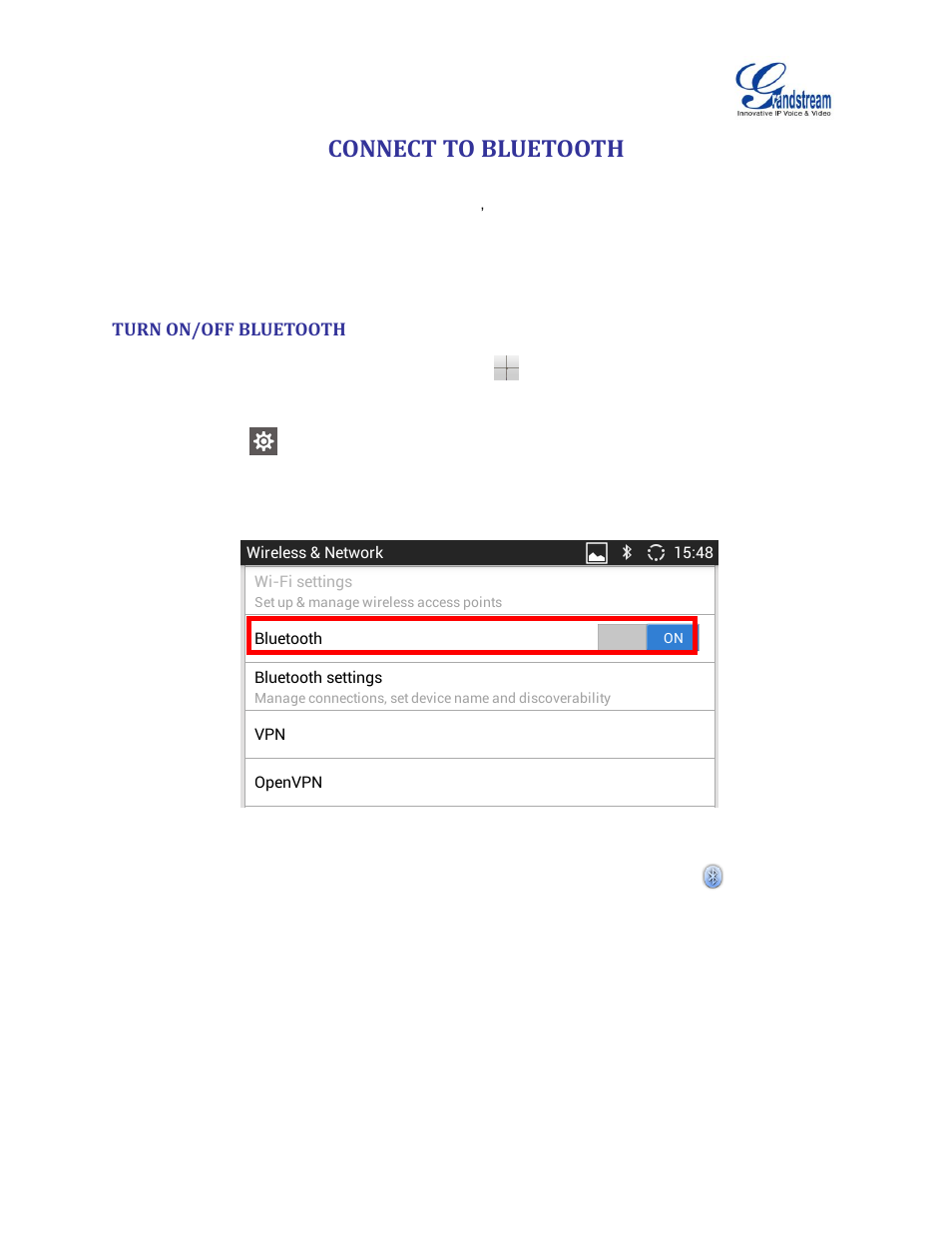 Connect to bluetooth, Turn on/off bluetooth, Figure 1: turn on/off bluetooth from settings | Grandstream GXV3240 Bluetooth Guide User Manual | Page 5 / 15