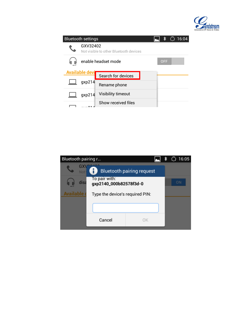 Figure 3: search for devices, Figure 4: input bluetooth pairing passcode | Grandstream GXV3240 Bluetooth Guide User Manual | Page 7 / 15