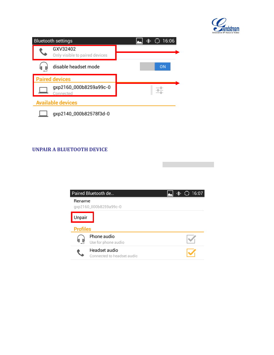 Unpair a bluetooth device, Figure 5: paired device, Figure 6: paired device details | Grandstream GXV3240 Bluetooth Guide User Manual | Page 8 / 15